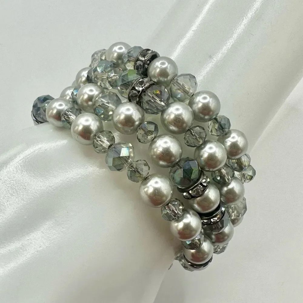 Grey faux pearl crystal wrap bracelet